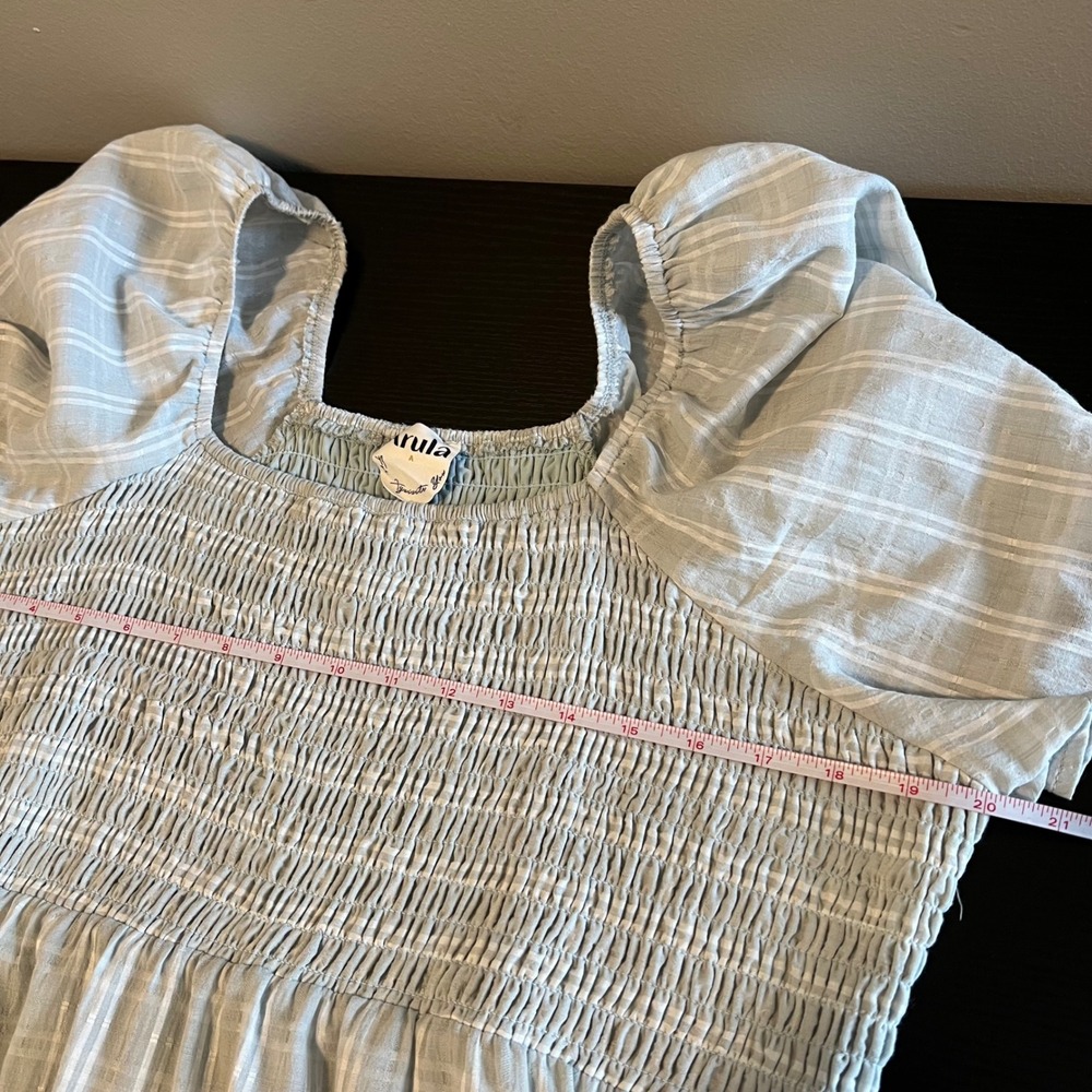 Arula Blue White Striped Smocked Tiered Midi Dress Short Sleeve Plus A 14/16 - Picture 10 of 10